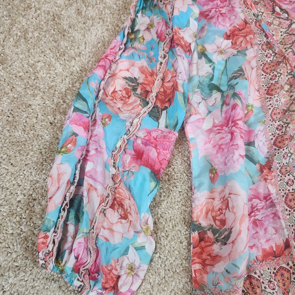 Johnny Was Blouse Floral 100% Silk Tassel‎ V-Neck Boho Pink Blue XS - Picture 5 of 9